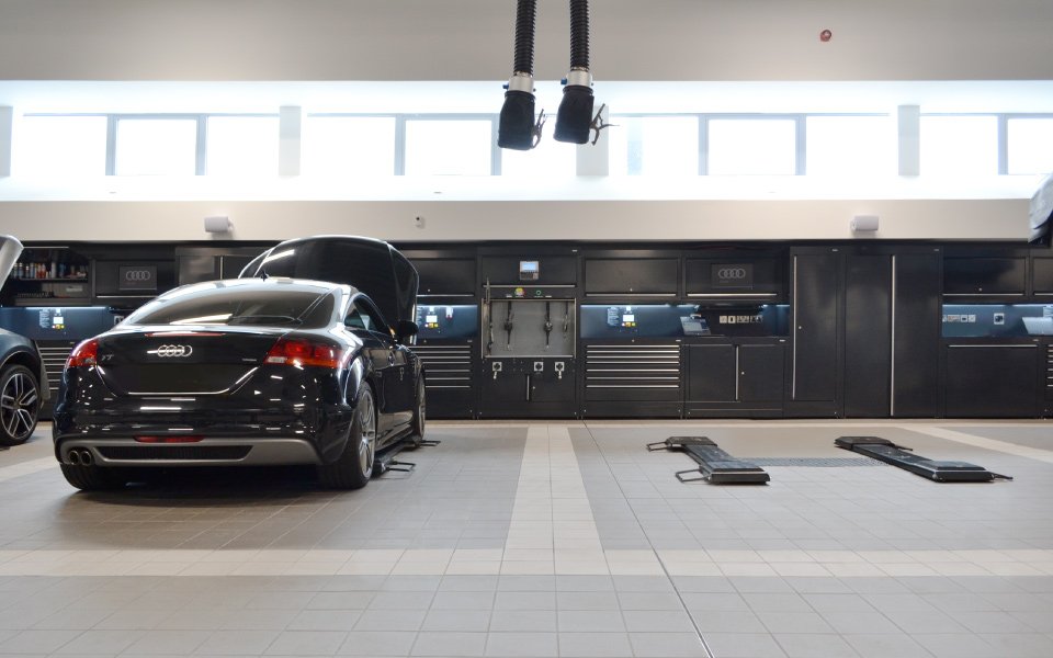 In-ground 2-post vehicle lifts installed by CCS Garage Equipment for Audi Farnborough dealership