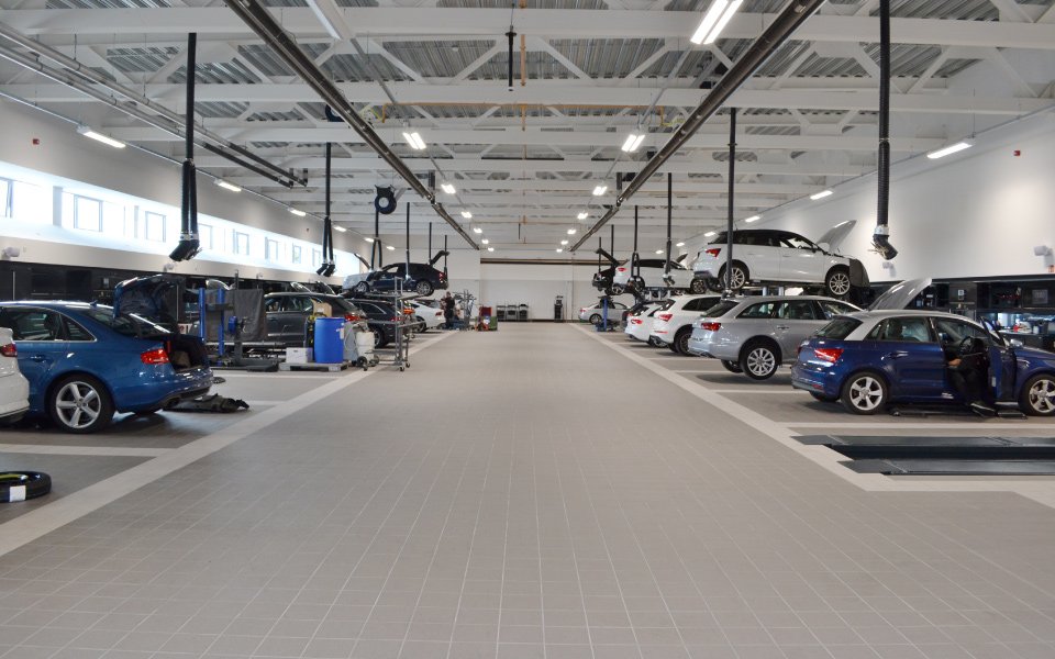 Completed garage equipment installation by CCS Garage Equipment featuring 30 servicing bays & ATL MOT bays