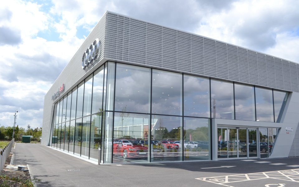 Exterior of Audi Farnborough dealership’s new showroom building