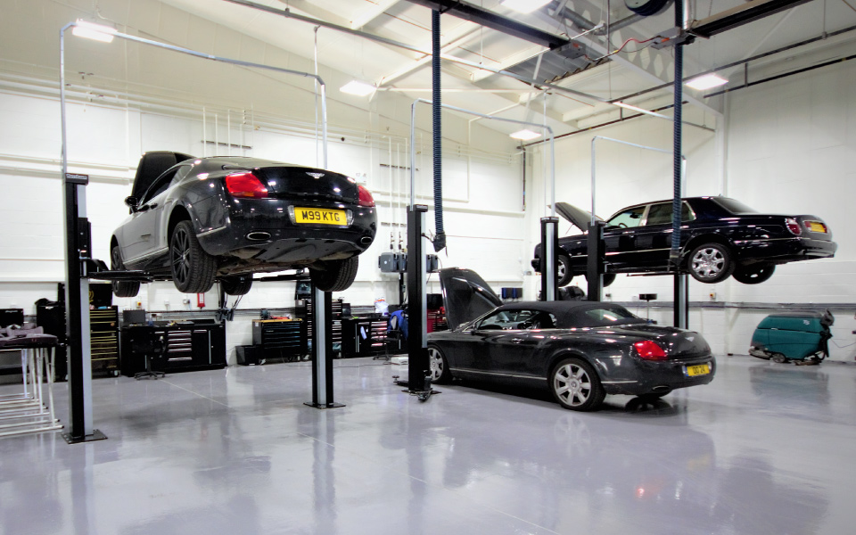 Fixed 2-post vehicle lift and ancillary workshop equipment installation by CCS Garage Equipment for Bentley’s London workshop