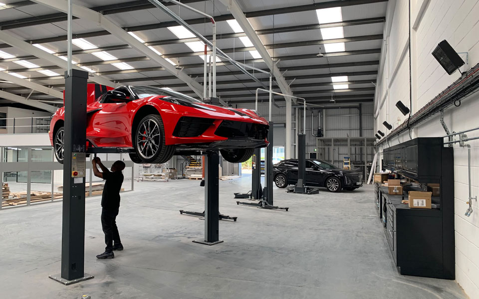 New workshop designed to accommodate a large range of vehicles for Clive Suttons vehicle dealership workshop in north London.