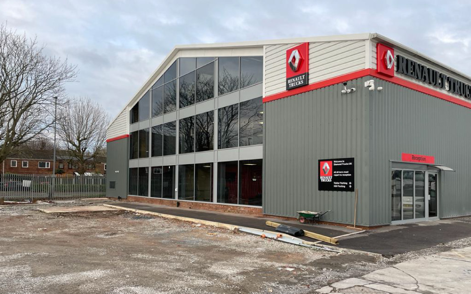 Exterior of Diamond Trucks' new dealership & truck servicing centre in Warrington, Cheshire, featuring garage equipment installation by CCS