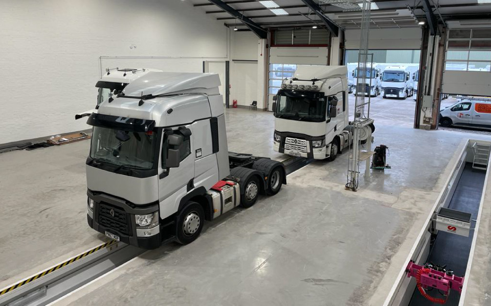 Testing in progress at Diamond Trucks' new commercial vehicle workshop in Warrington following garage equipment installation by CCS