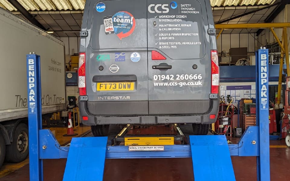 CCS Garage Equipment’s vehicle used in testing of the 4-post commercial vehicle lift for FedEx’s Basildon depot. Safety-focused testing by CCS’ expert inspection team is carried out at the end of every installation, along with commissioning, to ensure your equipment is compliant with all current lifting & workplace regulations