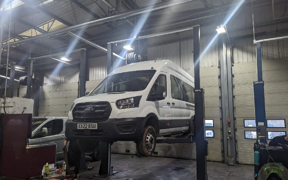Photo shows 5-tonne Nussbaum 2-post commercial vehicle lift installed at Lookers Ford Colchester Transit Centre