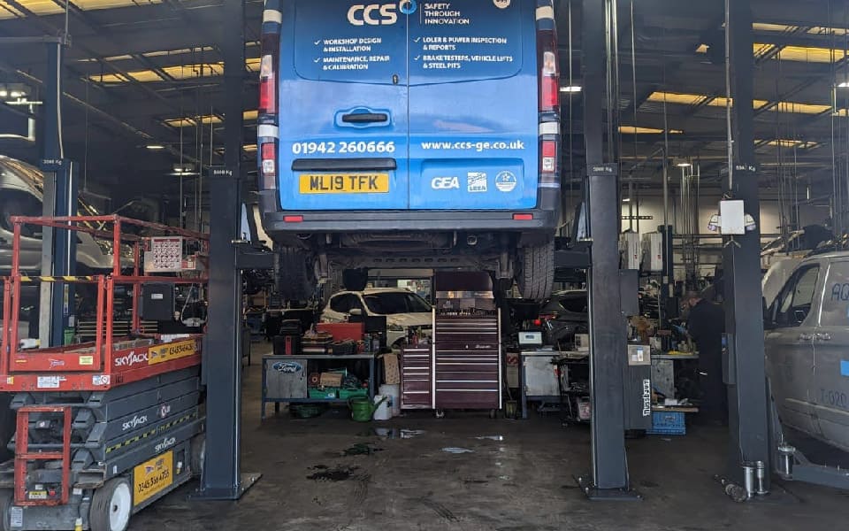 Photo shows fully operational, tested and commissioned 5-tonne, fixed 2-post commercial vehicle lifts installed by CCS’ expert engineers