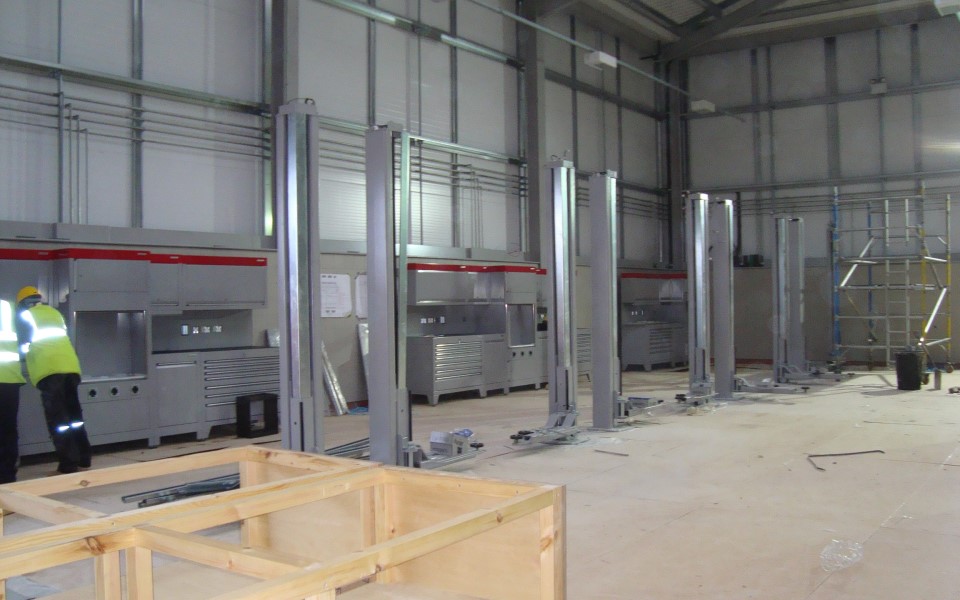 Construction and garage equipment installation at new Honda & Hyundai vehicle servicing and maintenance workshop, Cheshire Oaks