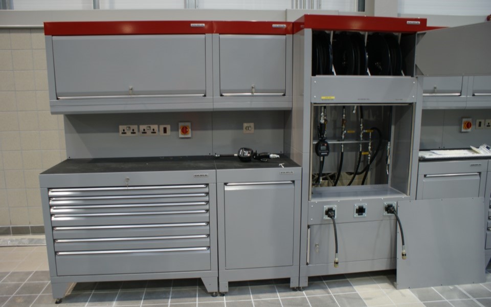 Bespoke Dura workshop furniture with integrated power, data and ancillary equipment installed at Honda & Hyundai, Cheshire Oaks by CCS Garage Equipment