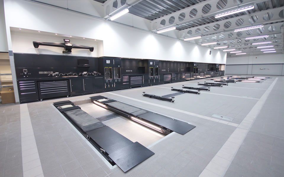 Bespoke garage equipment installation at Jaguar Land Rover dealership in Battersea, London by CCS Garage Equipment