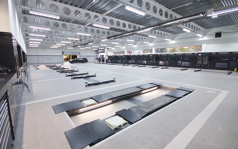 Brand new 14-bay workshop featuring 2-post in-ground vehicle lifts and ancillary LEV, compressed air and lubrication equipment, fully installed by CCS Garage Equipment