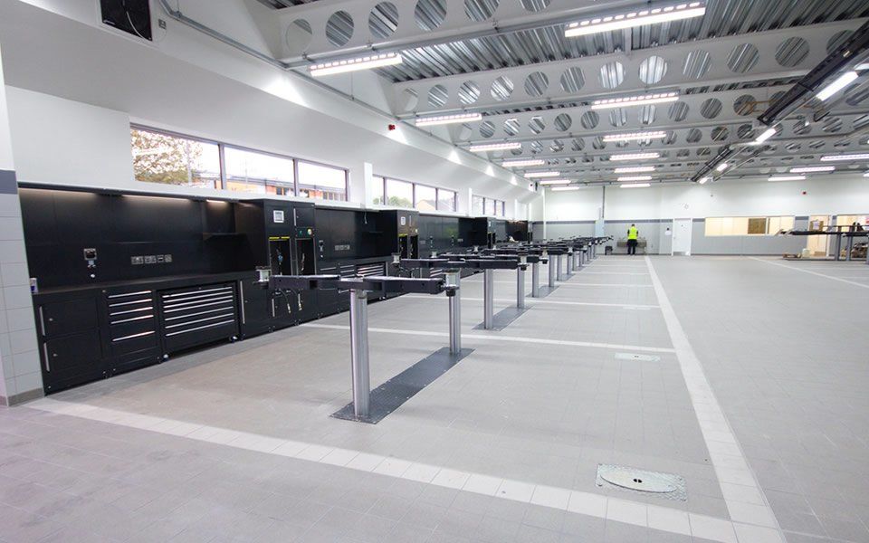 Sleek and spacious vehicle servicing workshop in Battersea, London designed and installed by CCS Garage Equipment