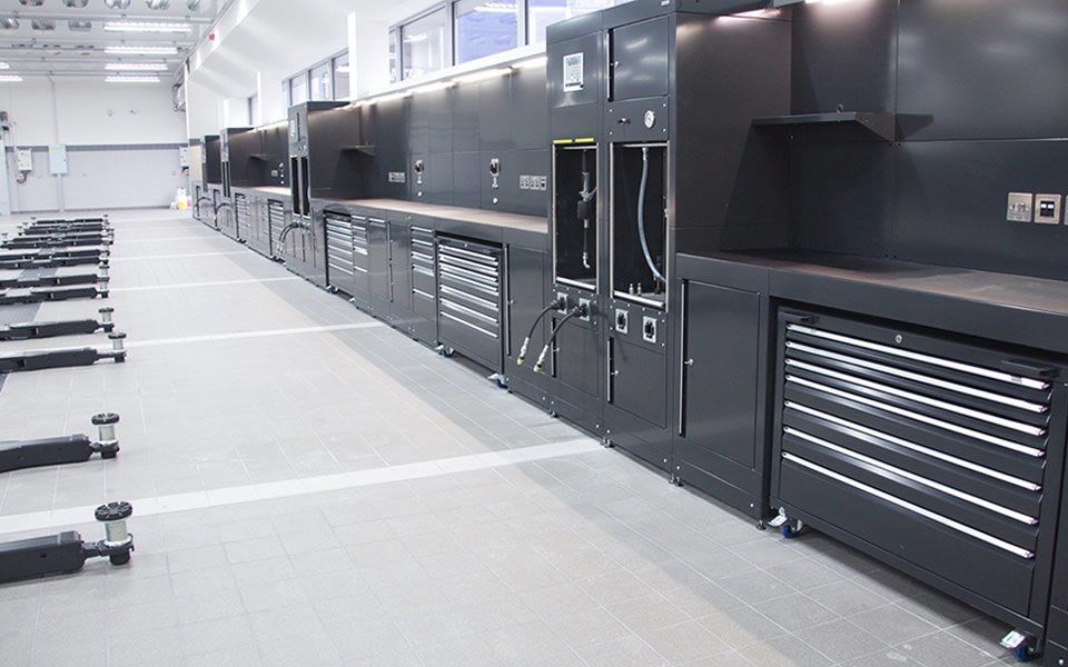 Bespoke cabinets, small tool storage and ancillary lubrication hoses supplied by CCS Garage Equipment at Jaguar Land Rover, Battersea