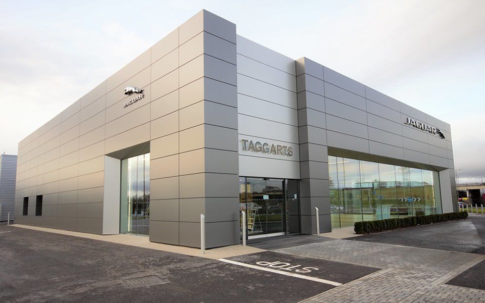 Exterior of Hillington’s new Jaguar Land Rover dealership showroom and workshop building, including fully-bespoke service centre, near Glasgow