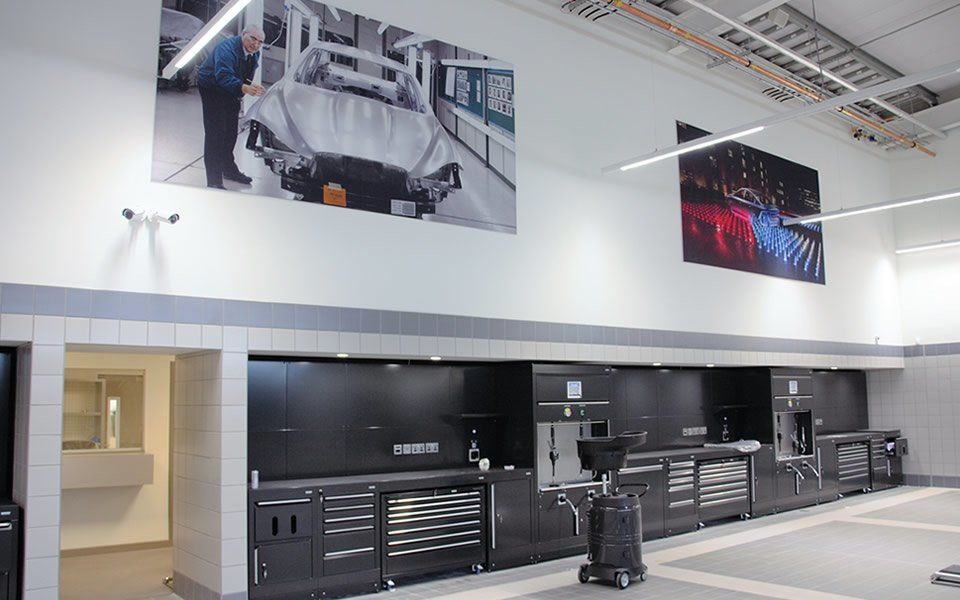 Bespoke cabinets and small tool storage with integrated lighting, Samoa lubrication equipment and ancillary services, supplied by CCS Garage Equipment for JLR, Hillington, Glasgow