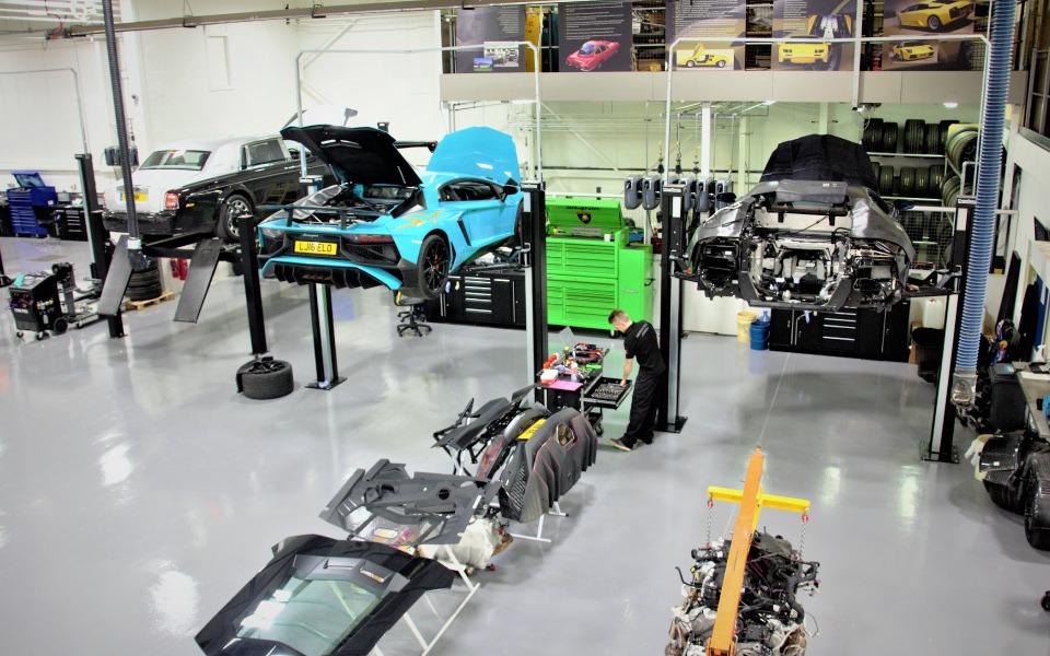 Garage equipment installation by CCS, including bespoke Dura workshop cabinets, small tool storage, LEV system and ancillary services for Lamborghini London’s dealership