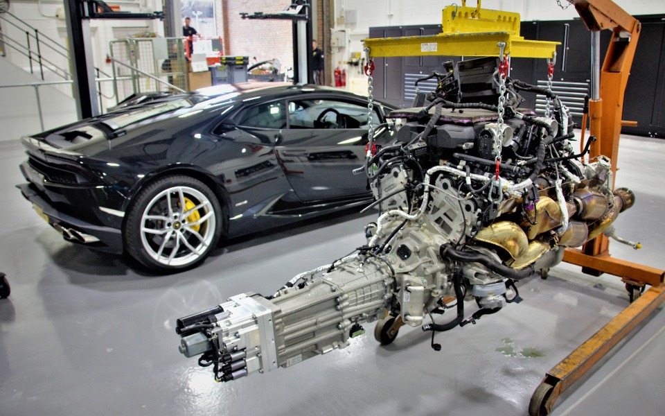 Hydraulic motor crane in garage equipment installation designed by CCS Garage Equipment for Lamborghini, School Road, London
