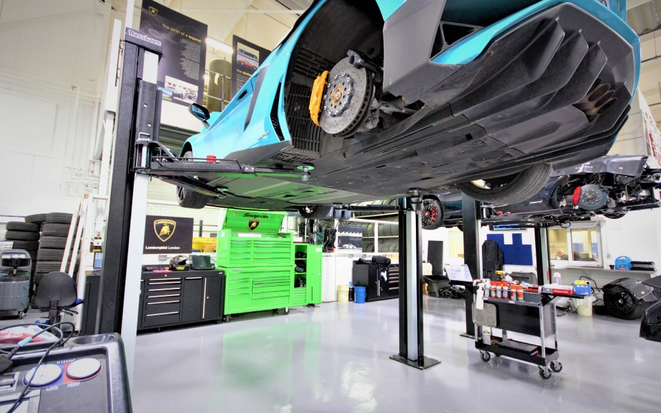 Nussbaum 2-post Smart Lifts in use at Lamborghini London, specified as part of our garage equipment installation project for the dealership