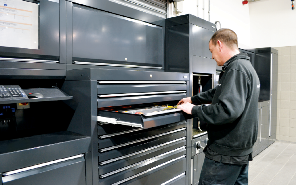 Dura workshop furniture features convenient small tool storage and fitted LED lights, specified by CCS Garage Equipment for McLaren, Ascot