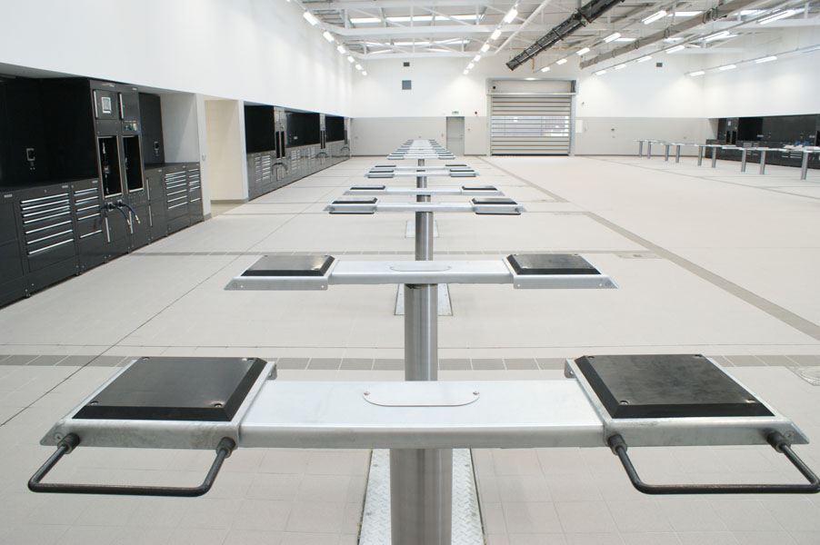Extensive garage equipment installation incorporating 2-post in-ground vehicle lifts completed by CCS Garage Equipment for Mercedes-Benz, Gatwick