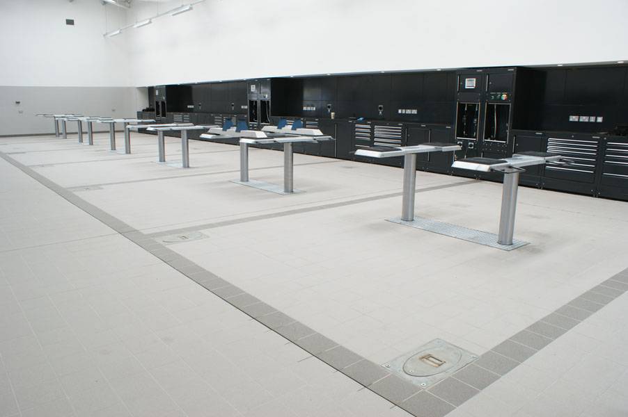 Garage equipment installation for Mercedes-Benz Gatwick by CCS Garage Equipment, including bespoke Dura workshop furniture with integrated compressed air, lubrication and small tool storage