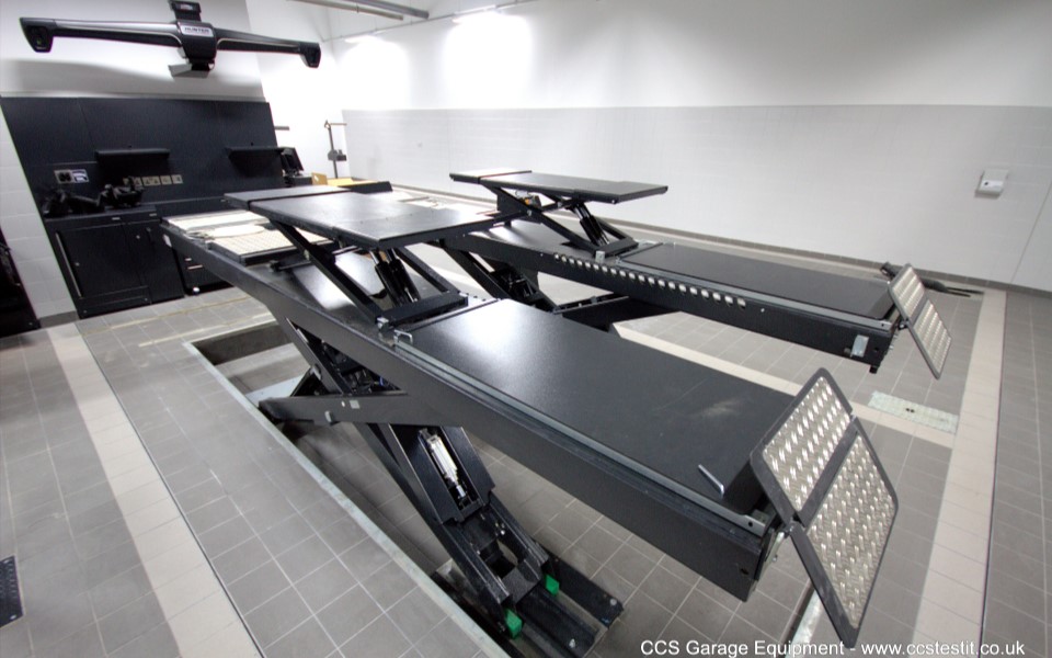 Recessed wheel alignment scissor lift and servicing bay, part of our completed garage equipment installation for Mercedes-Benz, Tonbridge, Kent