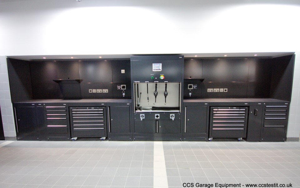 Bespoke garage equipment installation, designed by CCS Garage Equipment and featuring bespoke Dura workshop furniture, lubrication, compressed air and LEV systems