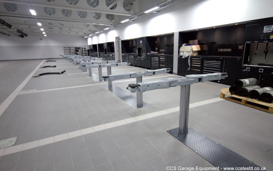 2-post in-ground vehicle lifts and air compressors installed at Mercedes-Benz in Tonbridge by CCS Garage Equipment