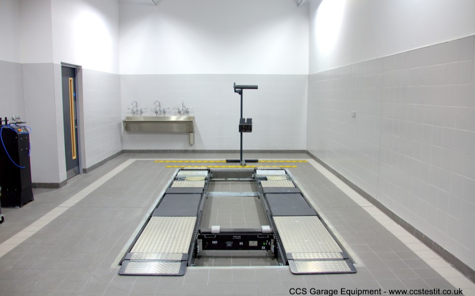 Dedicated MOT bay with headlamp and brake testers installed by CCS as part of our extensive garage equipment installation project for Mercedes-Benz, Tonbridge in Kent