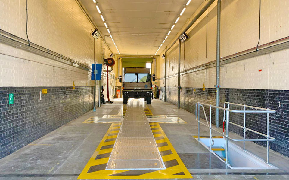 New ATF test lane installed by CCS Garage Equipment to DVSA regulations featuring military vehicle and floor safety markings.