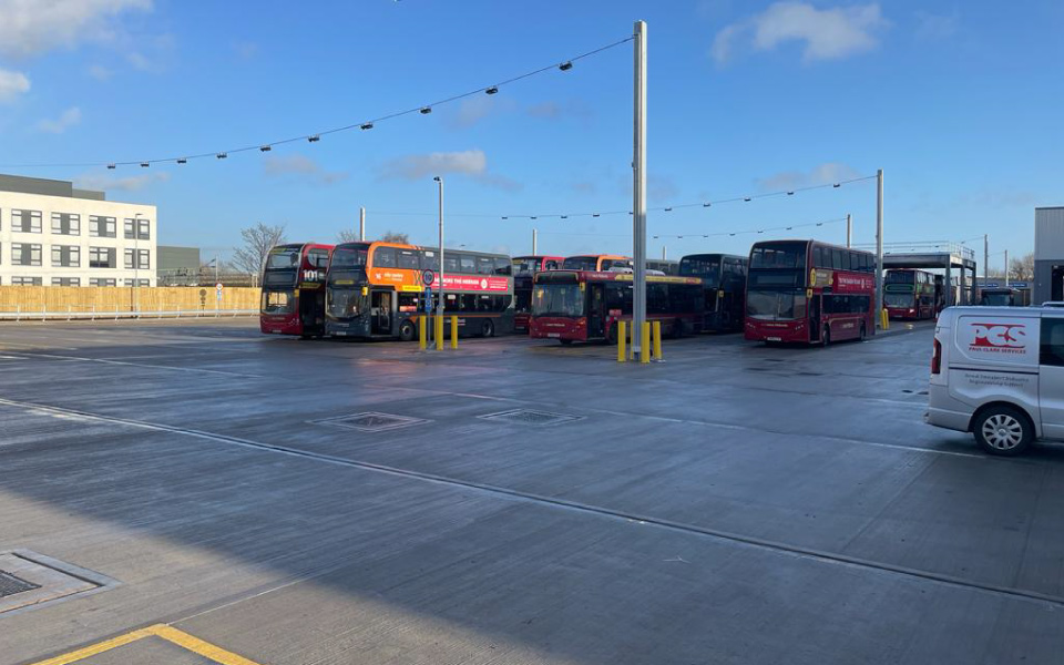 External parking for bus & coach fleet at National Express new vehicle servicing workshop Birmingham