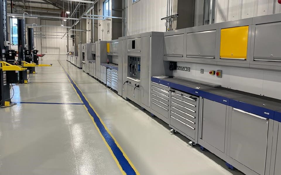 Bespoke Dura workshop cabinets, installed by CCS & featuring storage, integrated power, data, compressed air & ancillary equipment