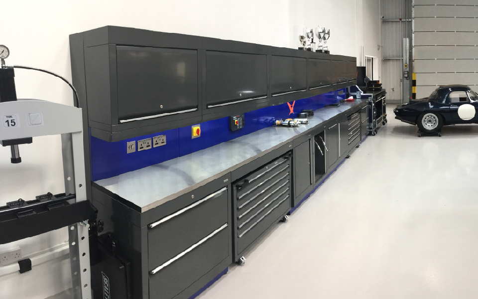 Dura workshop furniture, bespoke-specified, custom-branded and installed by CCS Garage Equipment, features integrated services, power and connectivity to support Pursuit Racing’s busy servicing and maintenance workshop in Bicester, Oxfordshire