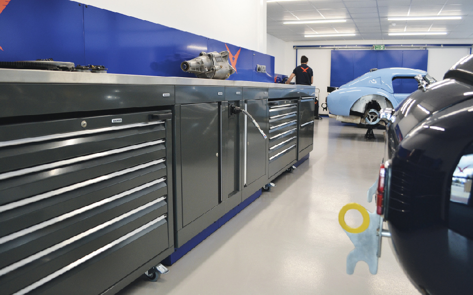 Ancillary air, electrical and data supply integrated within Dura workshop furniture specified and installed by CCS Garage Equipment at Pursuit Racing’s servicing and maintenance workshop for motorsport clients in Bicester