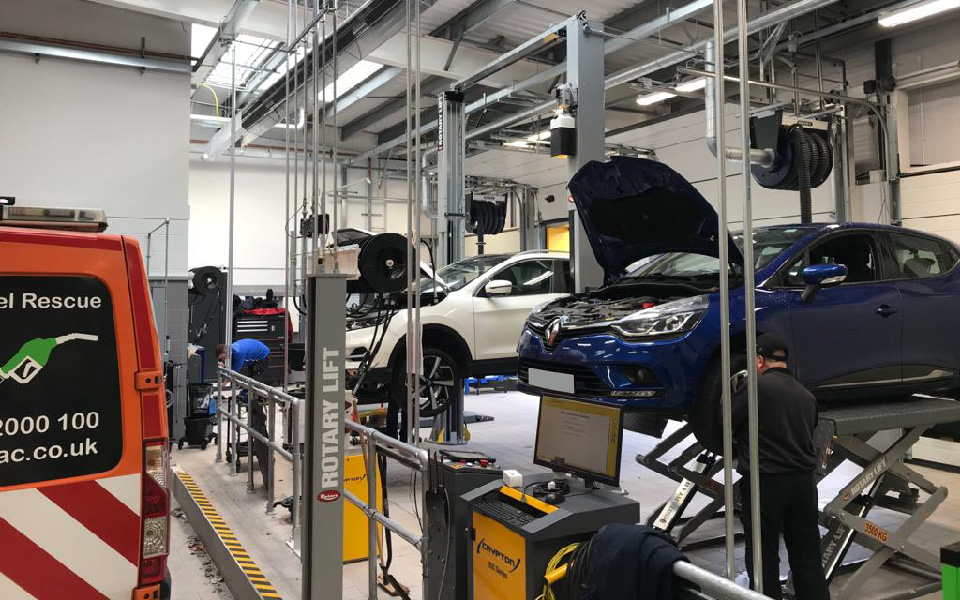 Vehicles undergoing maintenance in completed garage equipment installation at Renault’s servicing centre in Stockport