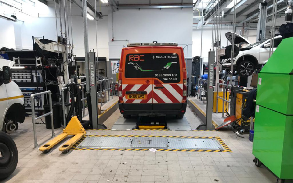 Class 7 ATL MOT bay featuring Rotary 4-post vehicle lift and brake tester installed at Renault, Stockport by CCS Garage Equipment