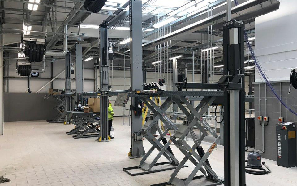 Garage equipment installation of brand new 12-bay dealership workshop designed by CCS Garage Equipment for Renault Stockport, Cheshire
