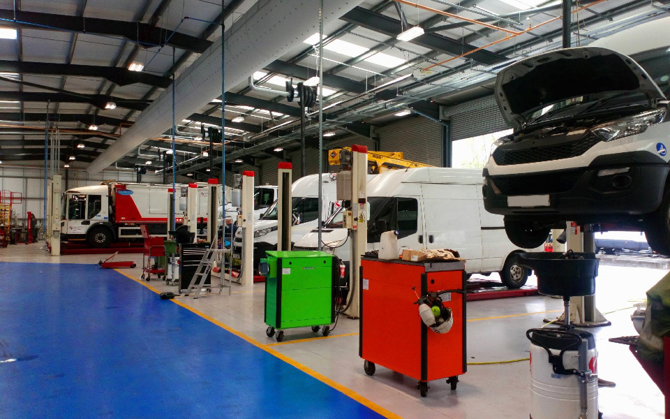 Local authority garage equipment installation by CCS, featuring bespoke ancillary workshop kit and commercial fixed 4-post lifts for Swansea Council’s vehicle maintenance facility in South Wales