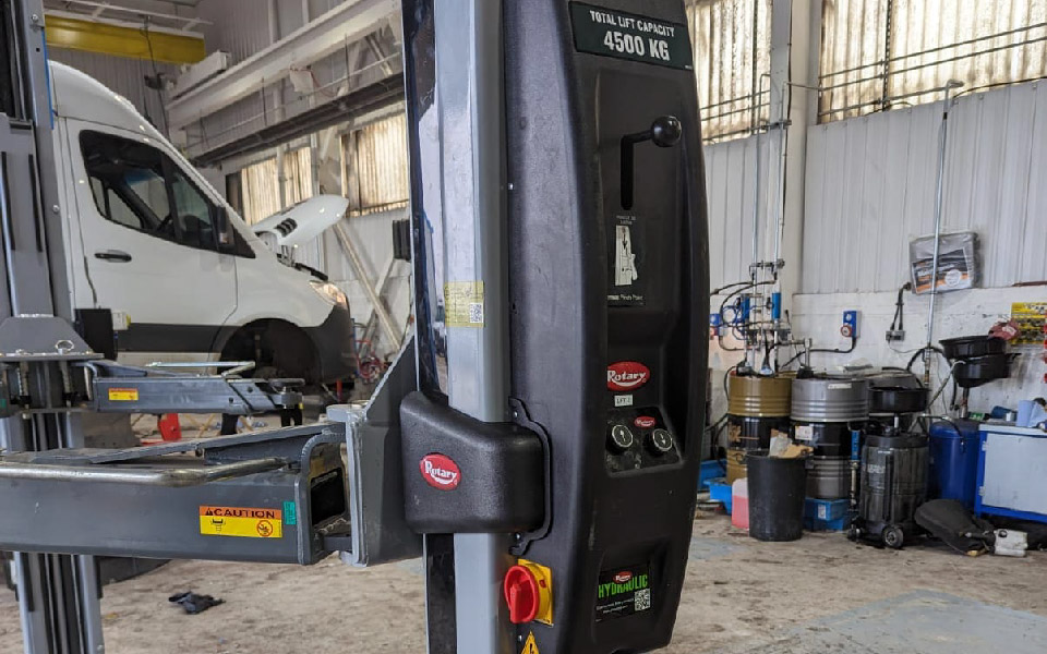 Complete 4.5 ton vehicle lift installed for VMS Vehicle Hire to lift small commercial vans