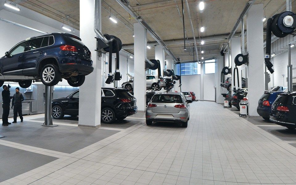 2-post fixed vehicle lifting platforms specified by CCS Garage Equipment in our garage equipment installation for Volkswagen in Battersea, London