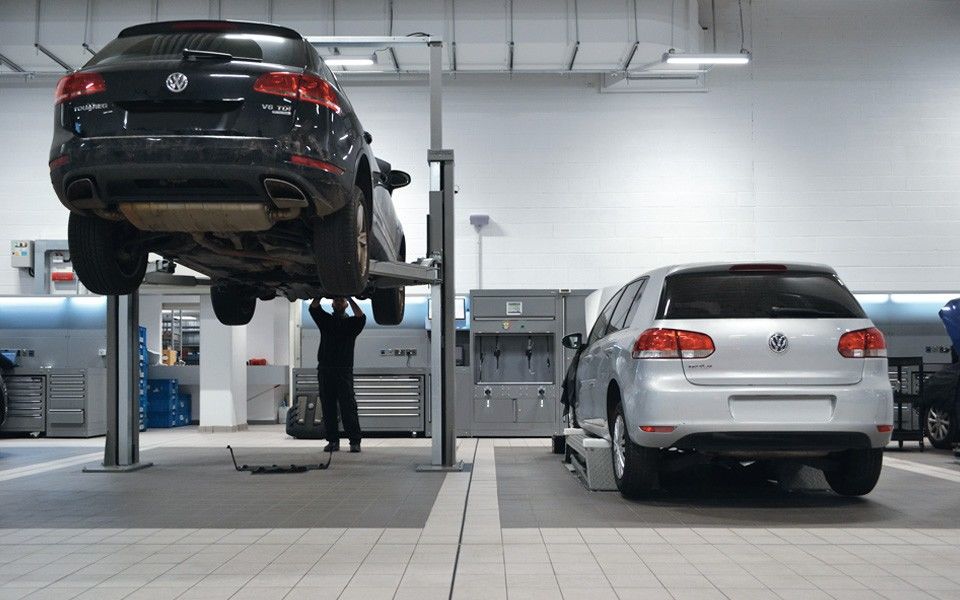 Vehicle undergoing maintenance at Volkswagen’s dealership installed by CCS’ garage equipment installation engineers