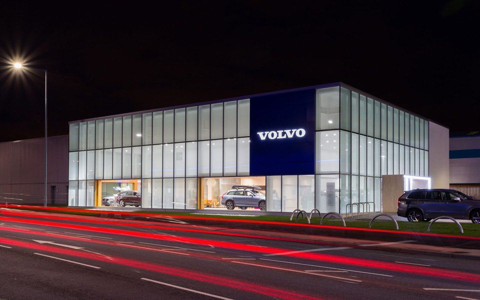 Exterior of Stockport’s Volvo dealership, featuring garage equipment installation by CCS Garage Equipment