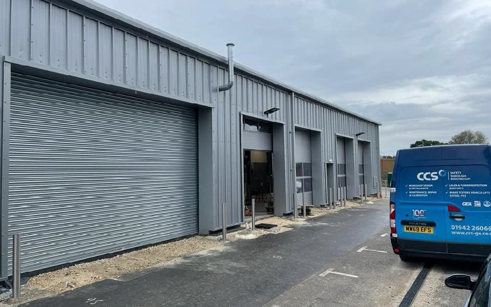 External photo of vehicle workshop bays at Volvo's new Wakefield dealership