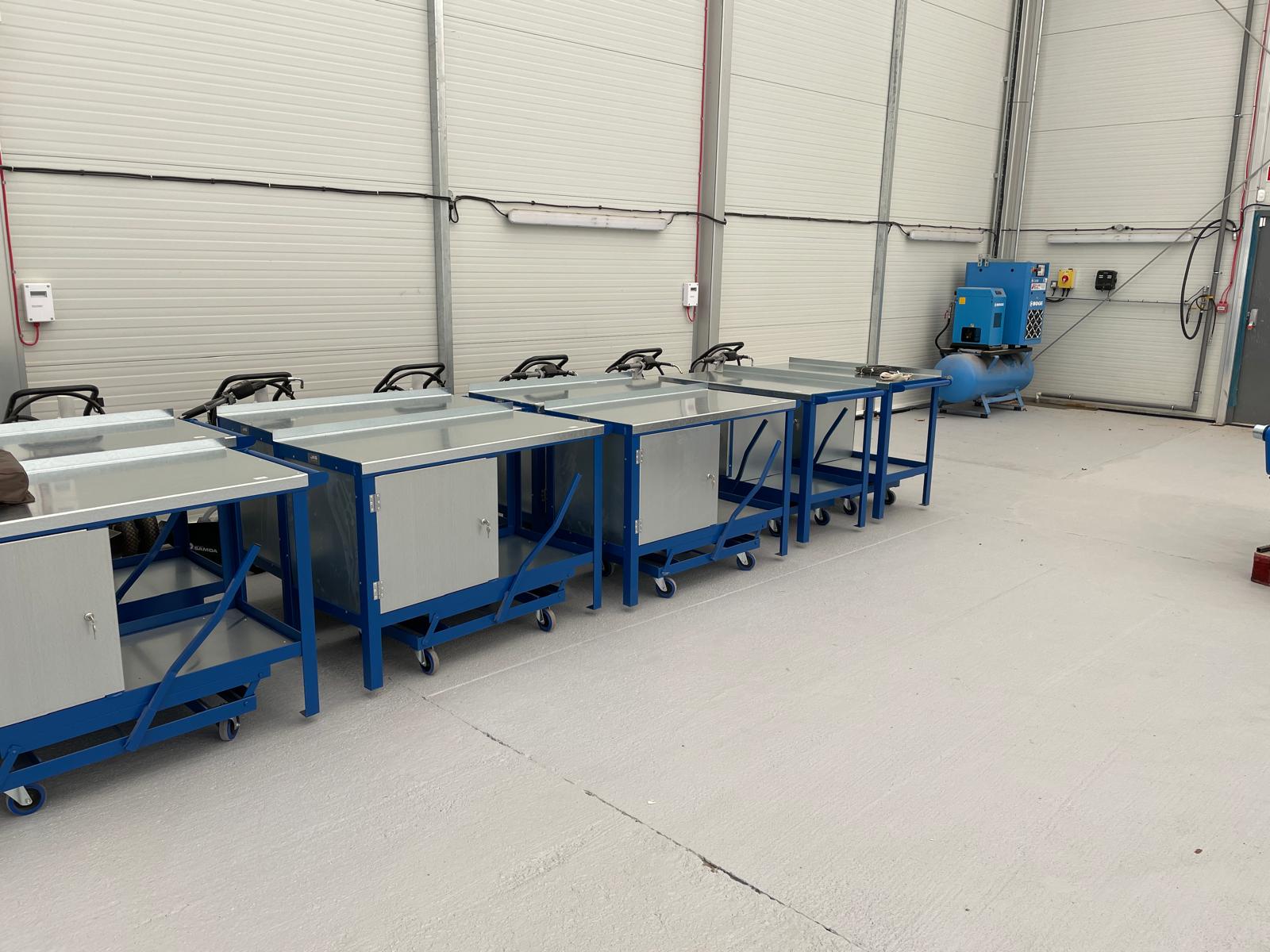 Mobile equipment at the new TIP Trailers Shepshed depot includes these easy-to-handle trolleys and workstations