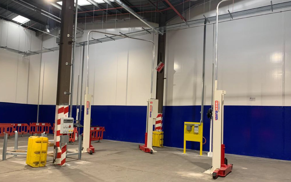 Both new Stertil-Koni, 5T commercial vehicle lifts fixed and fully-installed, ready for commission by CCS Garage Equipment prior to handover to the Manchester Airport vehicle workshop team. Stertil-Koni lifts provide reliable, technology-driven lifting for the airport's specialist vehicles