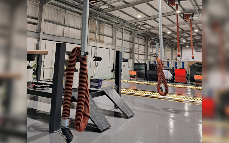Workshop ancillary services featuring LEV fume extraction system and distribution pipework designed and installed by CCS Garage Eqipment.