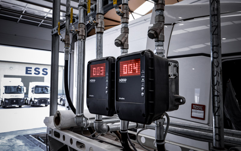 Samoa lubrication equipment installed as part of our garage equipment systems for Diamond Trucks includes flow control valves; compact units with highly accurate pulse meters, solenoid valves  and large fluid screen filters that reduce leaks and detect changes in flow direction