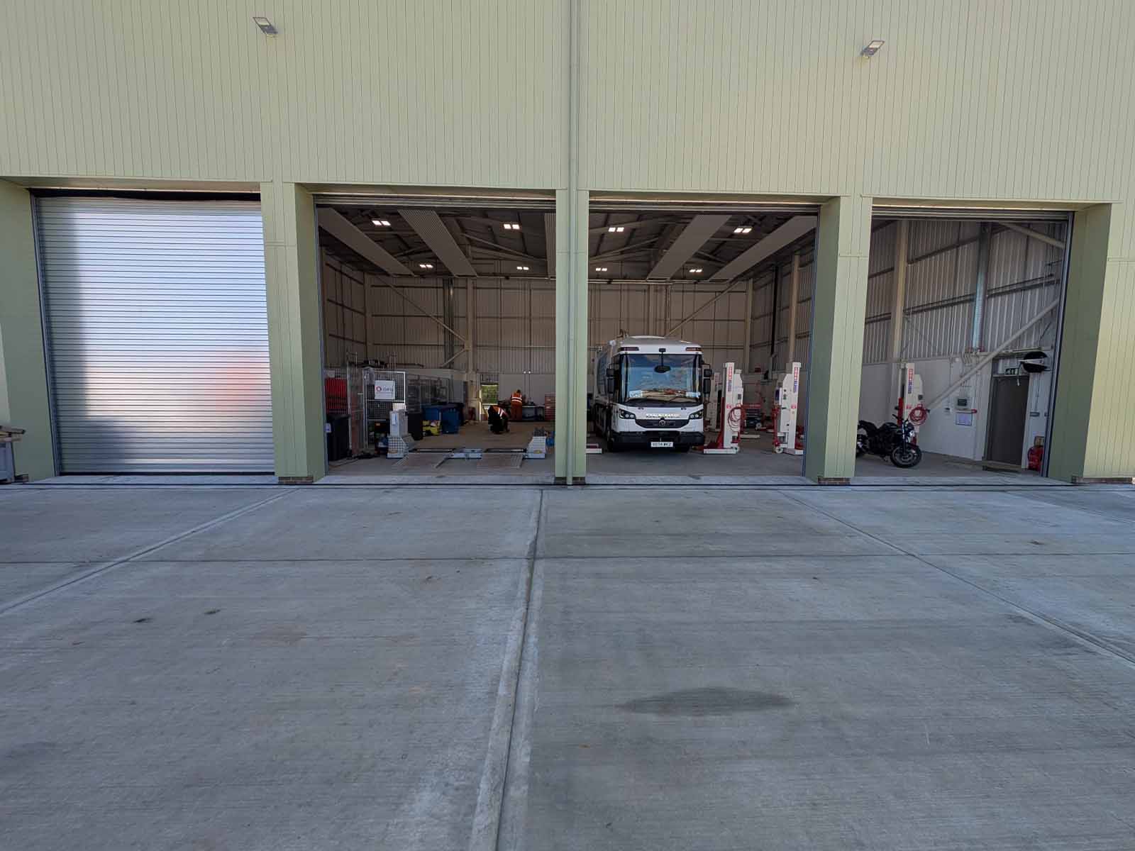 Exterior garage door of new Specialist Fleet Services workshop in Essex.