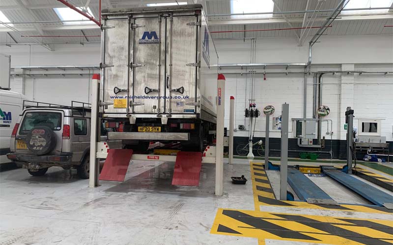 Stertil Koni 4 Post Lift being thoroughly tested following inspection.