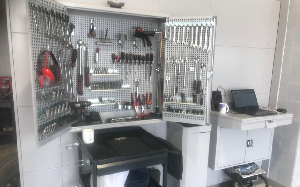 Wall mounted small tool storage for ease of access by Volvo Shrewsburys vehicle workshop engineers